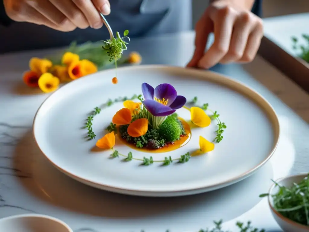 Un chef francés crea una obra maestra culinaria en un plato blanco, con flores comestibles y microgreens, en una presentación en la cocina francesa