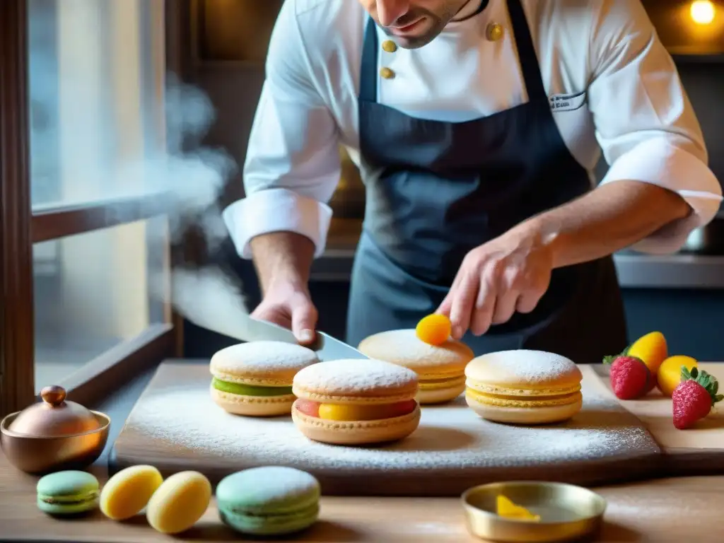 Un chef francés elabora una obra maestra pastelera en una cocina parisina, mostrando la influencia de la gastronomía francesa