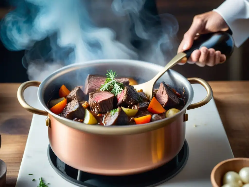 Un chef francés prepara un boeuf bourguignon en una olla de cobre, mostrando técnica y pasión