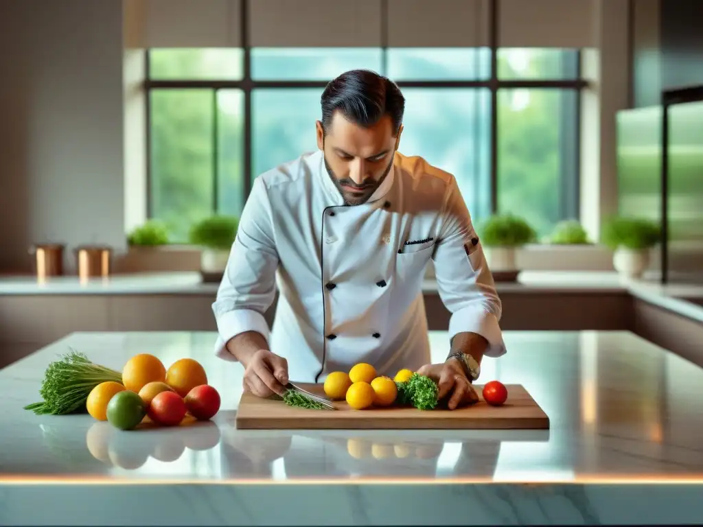 Un chef francés crea con maestría una opción saludable de alta cocina francesa en una cocina moderna y elegante