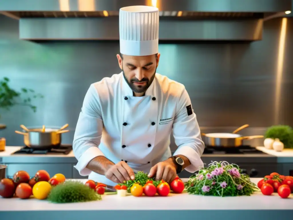 Un chef francés prepara opciones saludables alta cocina francesa en una cocina moderna y elegante, plato colorido