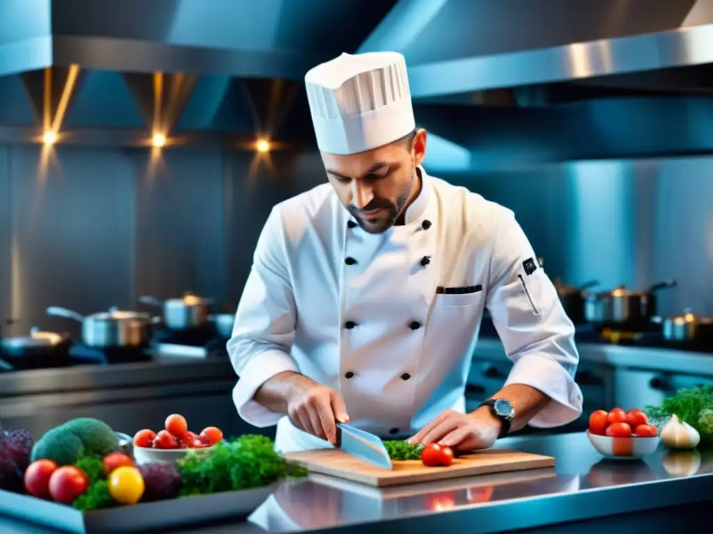 Chef francés preparando opciones saludables alta cocina francesa en cocina moderna