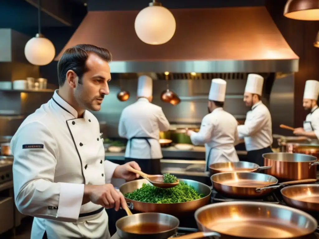 Un chef francés dirige una orquesta de cocineros en una cocina de alta gama, creando música clásica en la cocina francesa