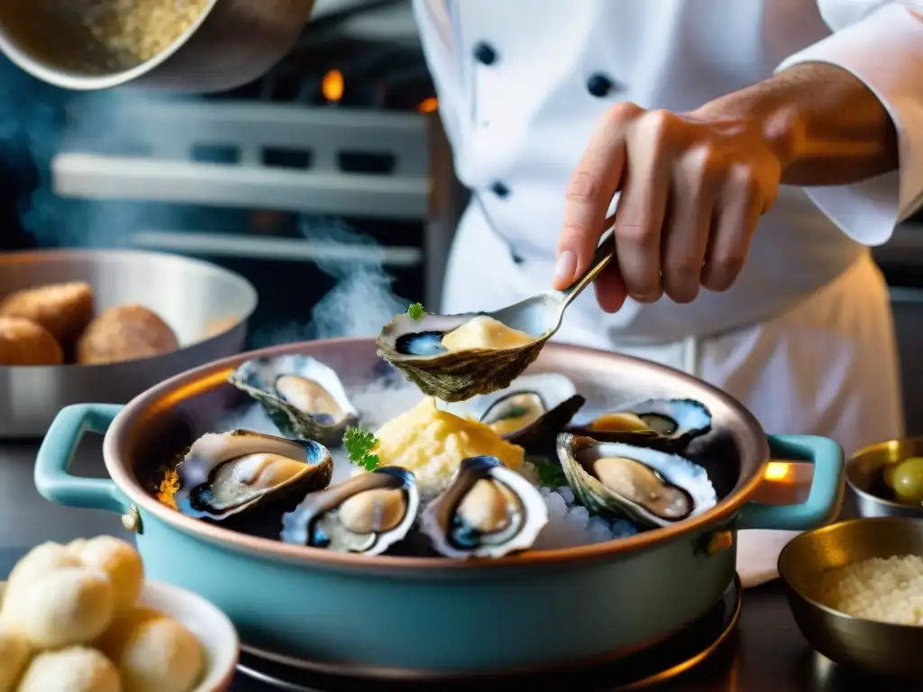 Un chef prepara ostras gratinadas francesas en una cocina rústica, destacando la meticulosidad y la exquisitez de la receta