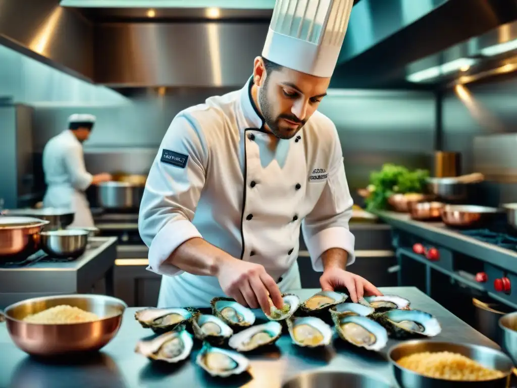 Un chef francés prepara ostras gratinadas con precisión en una cocina tradicional