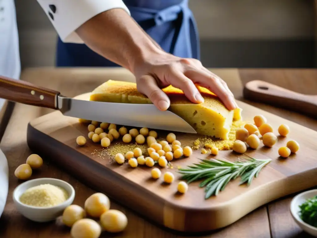 Un chef cortando panisses provenzales en una cocina rústica llena de ingredientes locales, destacando la artesanía culinaria