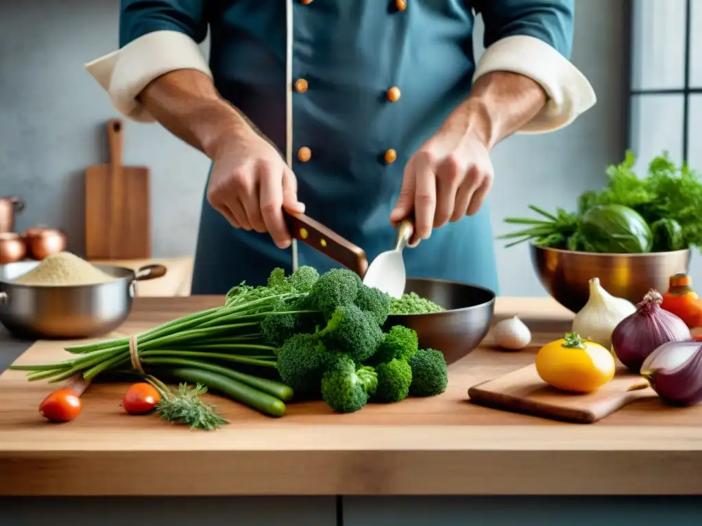 Un chef parisino experto en cocina utiliza herramientas clásicas en una escena culinaria detallada y armoniosa