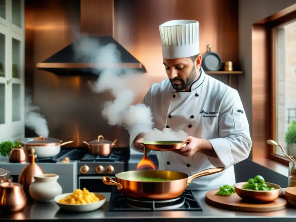 Chef parisino experto usando herramientas de cocina de cobre en cocina francesa clásica, creando crepes dorados