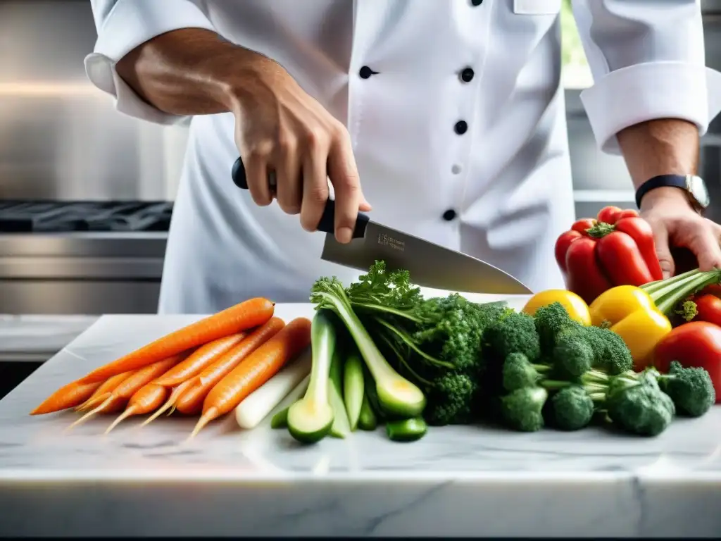 Un chef parisino experto cortando verduras frescas con precisión en una cocina elegante