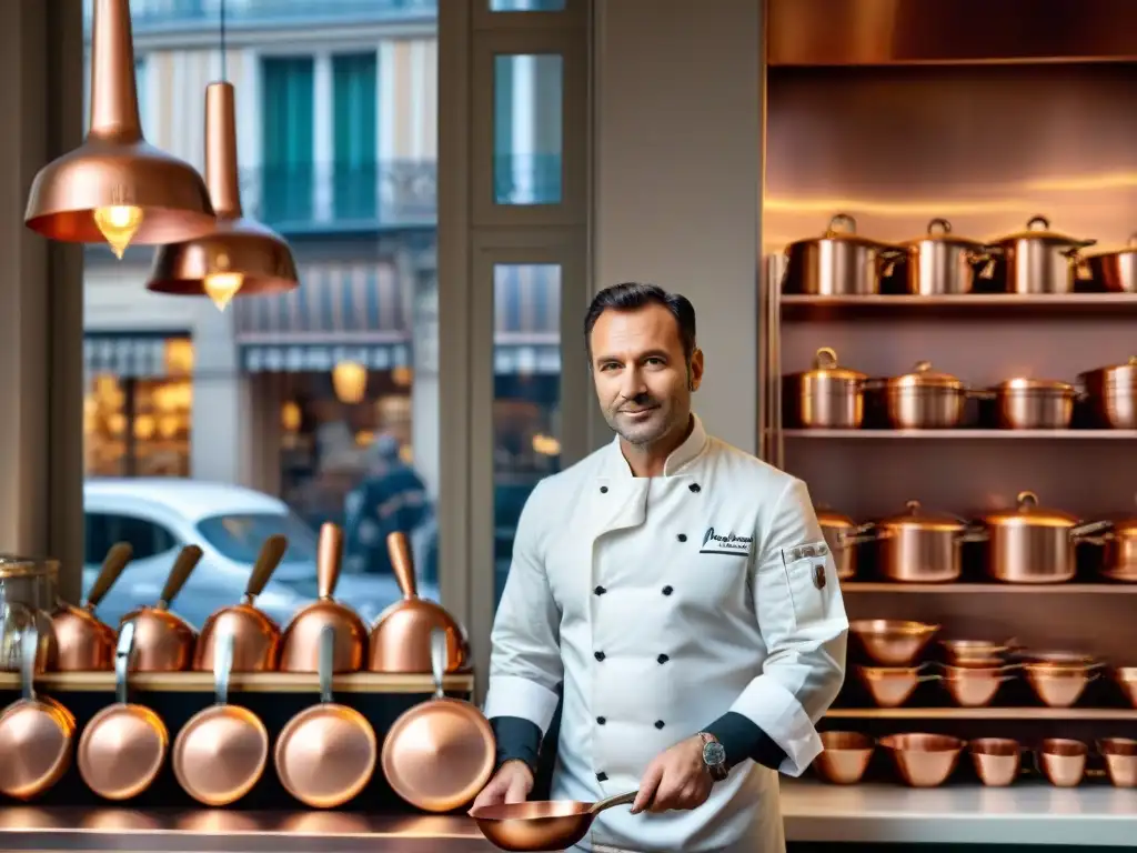 Un chef parisino elige herramientas de cocina en una tienda encantadora con la Torre Eiffel de fondo