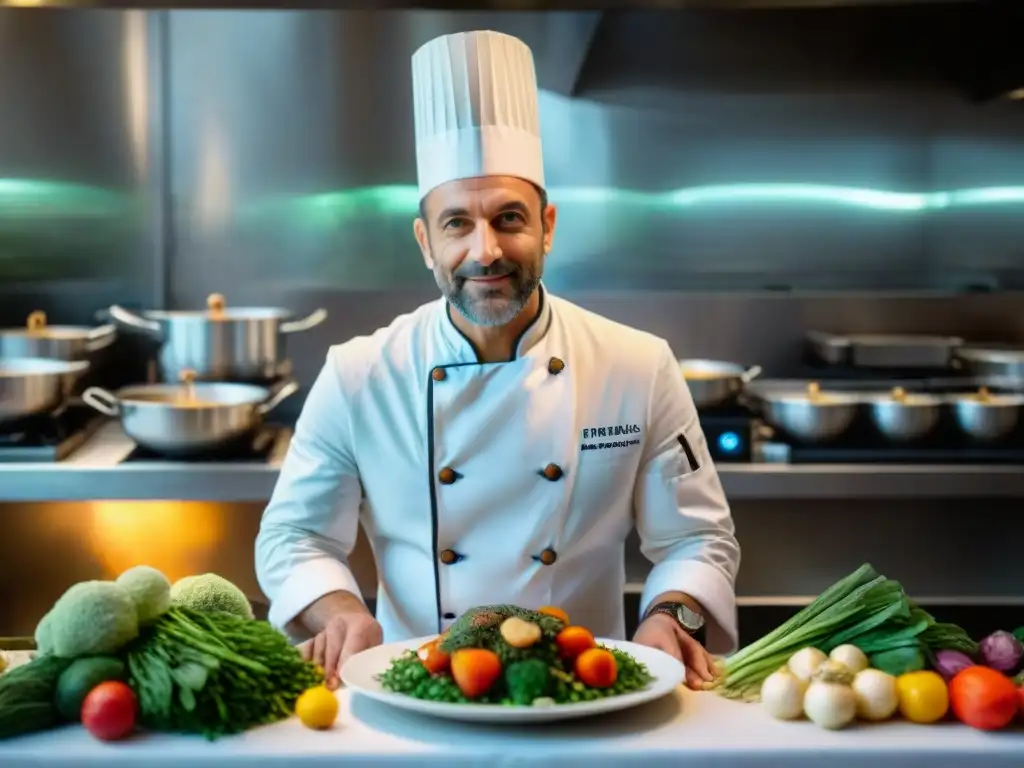 Un chef francés crea con pasión un exquisito plato vegano en un lujoso restaurante parisino