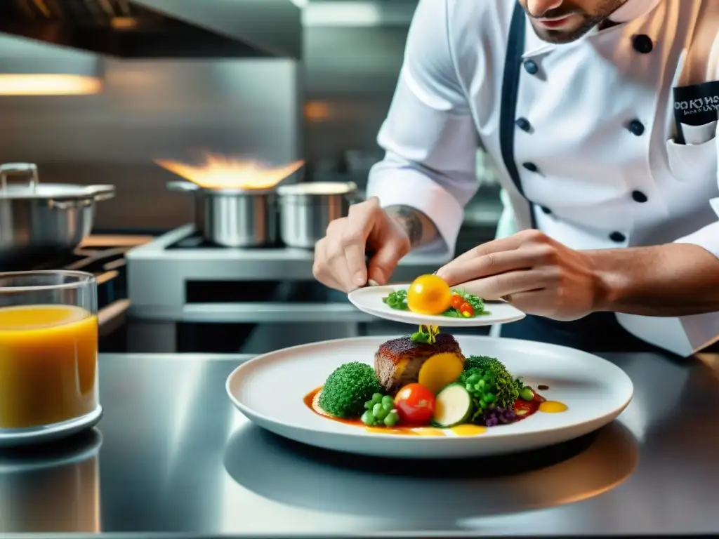 Un chef prepara con pasión un innovador plato francés en un concurso culinario en Francia