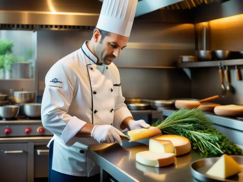 Un chef francés prepara con pasión un plato en su cocina tradicional