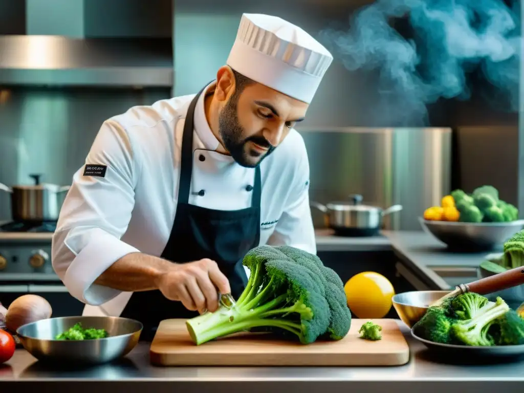 Un chef francés prepara con pasión un plato sofisticado con brócoli en una cocina elegante