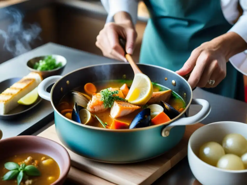 Un chef preparando con pasión una receta tradicional Bouillabaisse en una cocina provenzal rústica