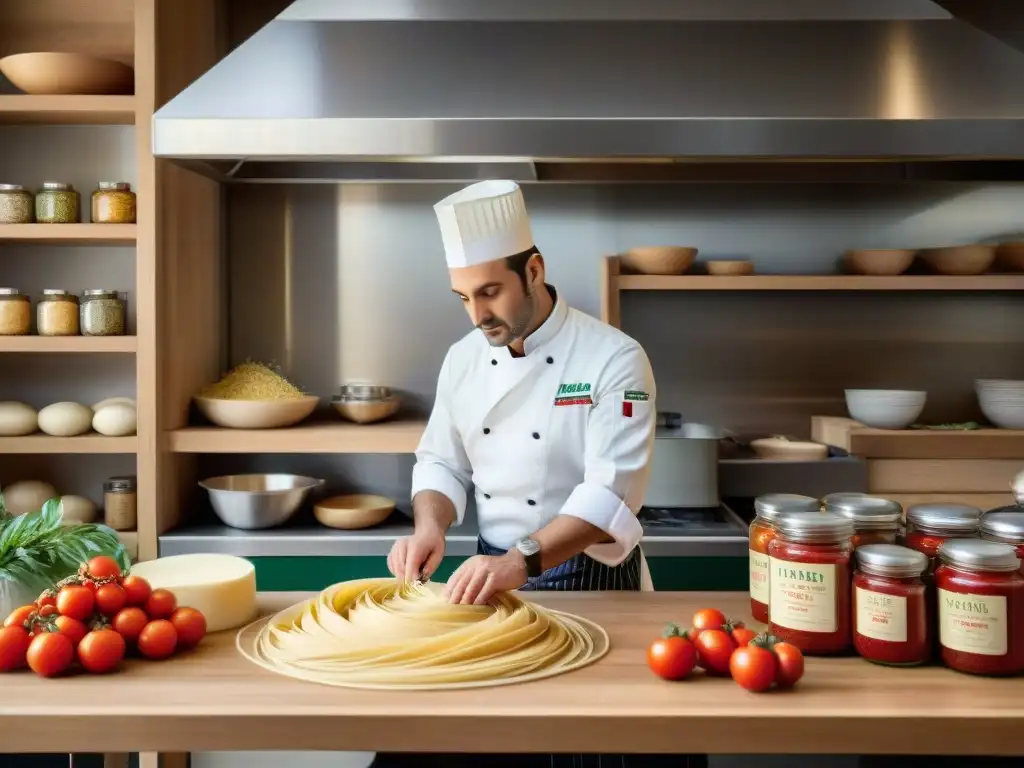 Un chef francés crea pasta artesanal en una cocina rústica, fusionando técnicas culinarias francesas e italianas