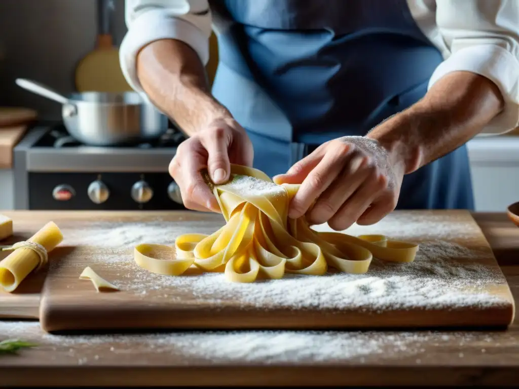 Un chef francés elabora pasta con destreza en una cocina soleada, evocando innovaciones culinarias en pasta francesa