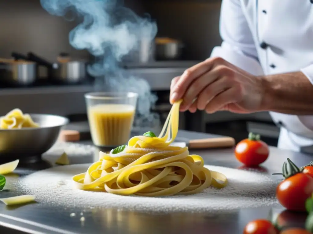 Un chef francés crea pasta con innovaciones culinarias en una cocina parisina bulliciosa