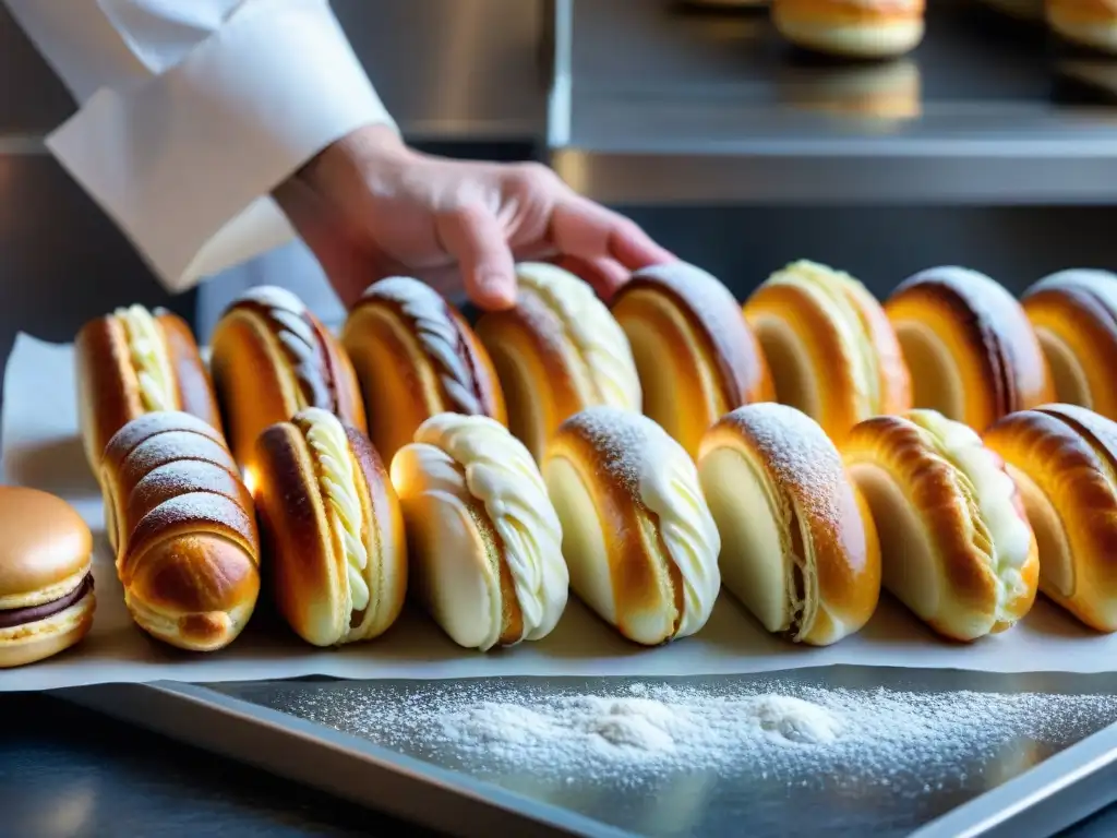 Un chef de pastelería francés creando éclairs en una panadería parisina, mostrando la precisión de la repostería