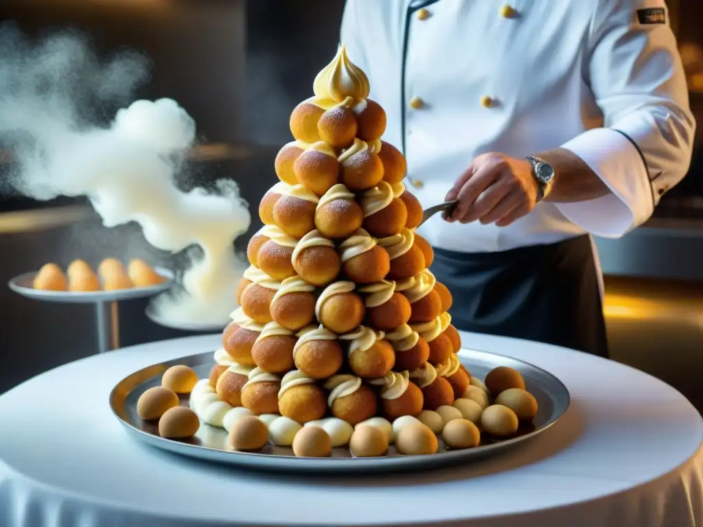 Un chef de pastelería francesa en conferencias gastronómicas decora un croquembouche con precisión y arte