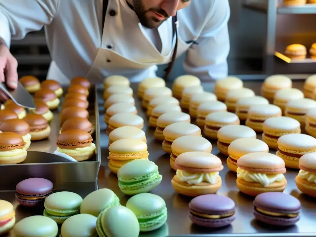 Un chef de pastelería francesa en conferencias gastronómicas decora choux con crema pastelera, rodeado de macarons y herramientas tradicionales