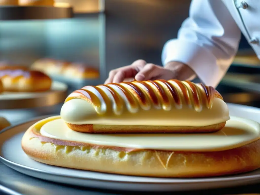 Chef de pastelería francesa en conferencias gastronómicas adornando un exquisito éclair con precisión y pasión en una bulliciosa pastelería parisina