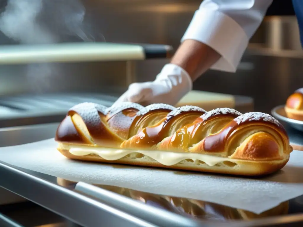 Un chef de pastelería francesa aplica meticulosamente crema a un exquisito éclair en su cocina, transmitiendo precisión y arte