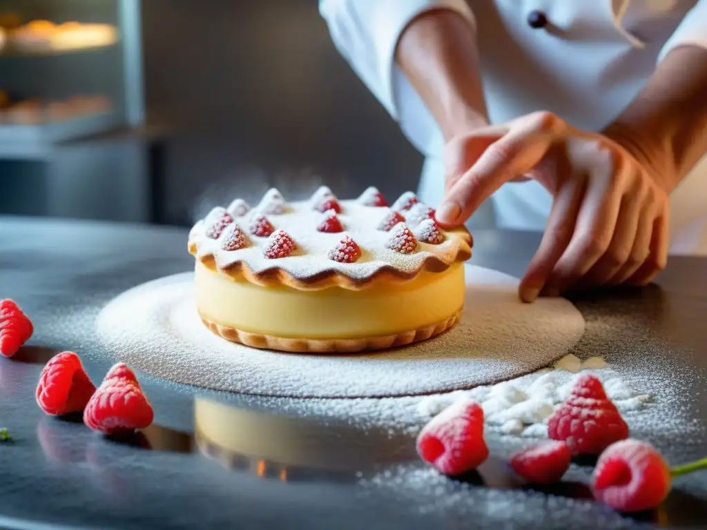 Un chef de pastelería francesa crea una delicada delicia con frambuesas y flores comestibles