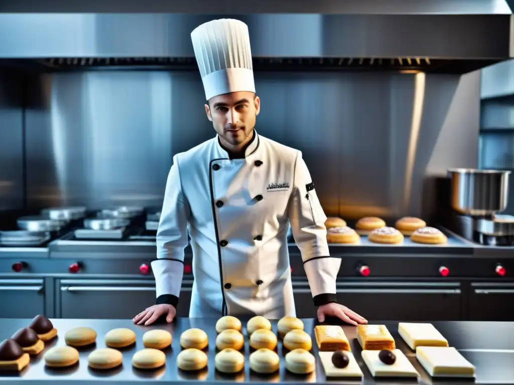 Un chef de pastelería francesa elaborando una delicia rodeado de electrodomésticos modernos en una cocina futurista