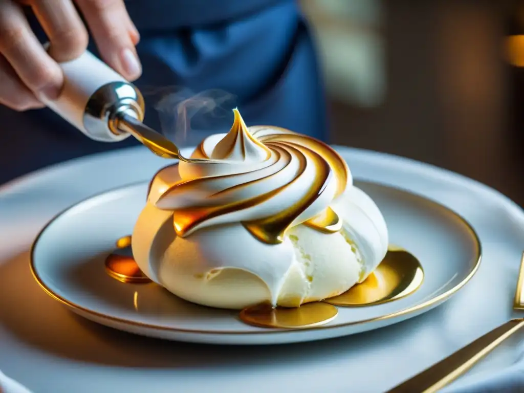 Un chef de pastelería francesa experto utiliza técnicas precisas para decorar un postre con merengue