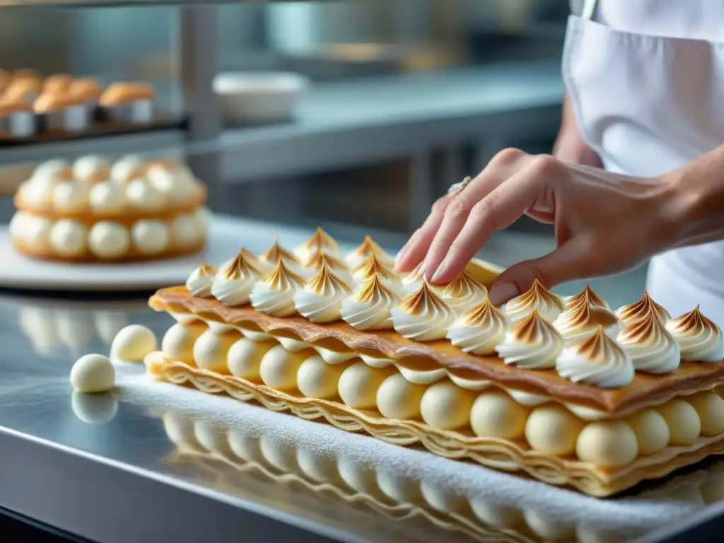 Chef de pastelería francesa decorando un Millefeuille con precisión y pasión