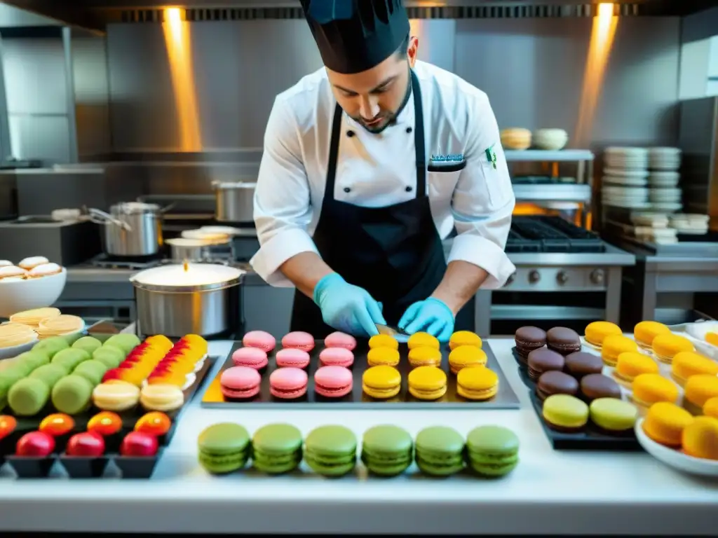 Un chef de pastelería francesa crea una obra de arte con precisión rodeado de coloridos postres