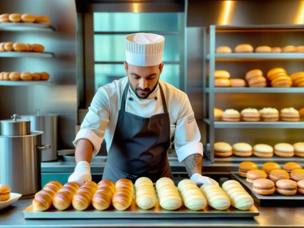 Un chef de pastelería francesa en plena creación de un exquisito éclair rodeado de croissants y macarons, iluminado por la luz natural de la cocina