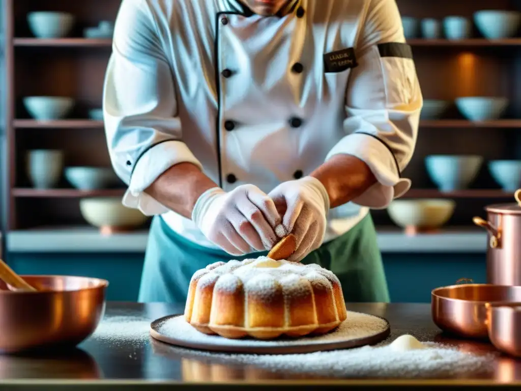 Chef creando pastelería francesa con precisión, rodeado de libros y utensilios antiguos