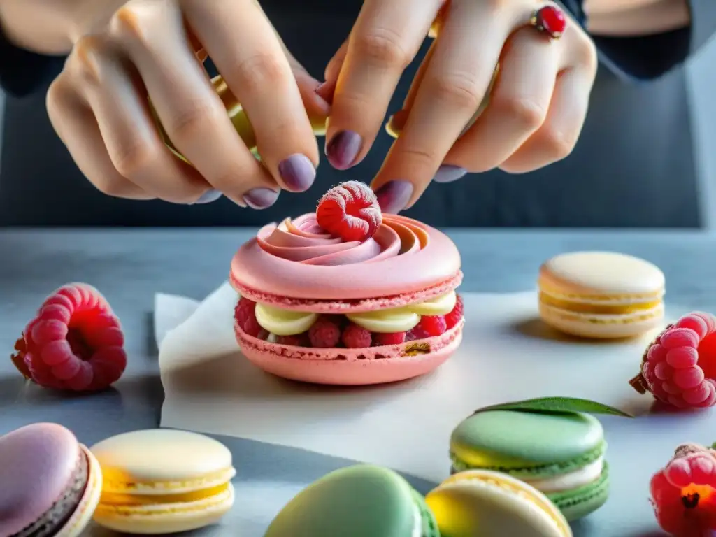 Un chef de pastelería francesa vegana innovadora crea con arte y destreza exquisitos macarons veganos de frambuesa