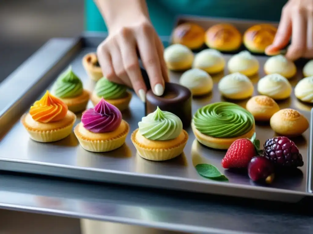 Un chef de pastelería francesa vegana innovadora, con precisión y arte, crea delicadas creaciones en un ambiente luminoso y detallado