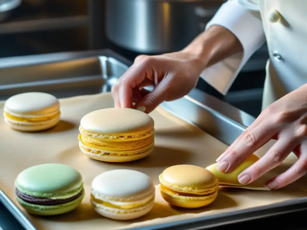 Un chef de pastelería preparando macarons con técnicas profesionales