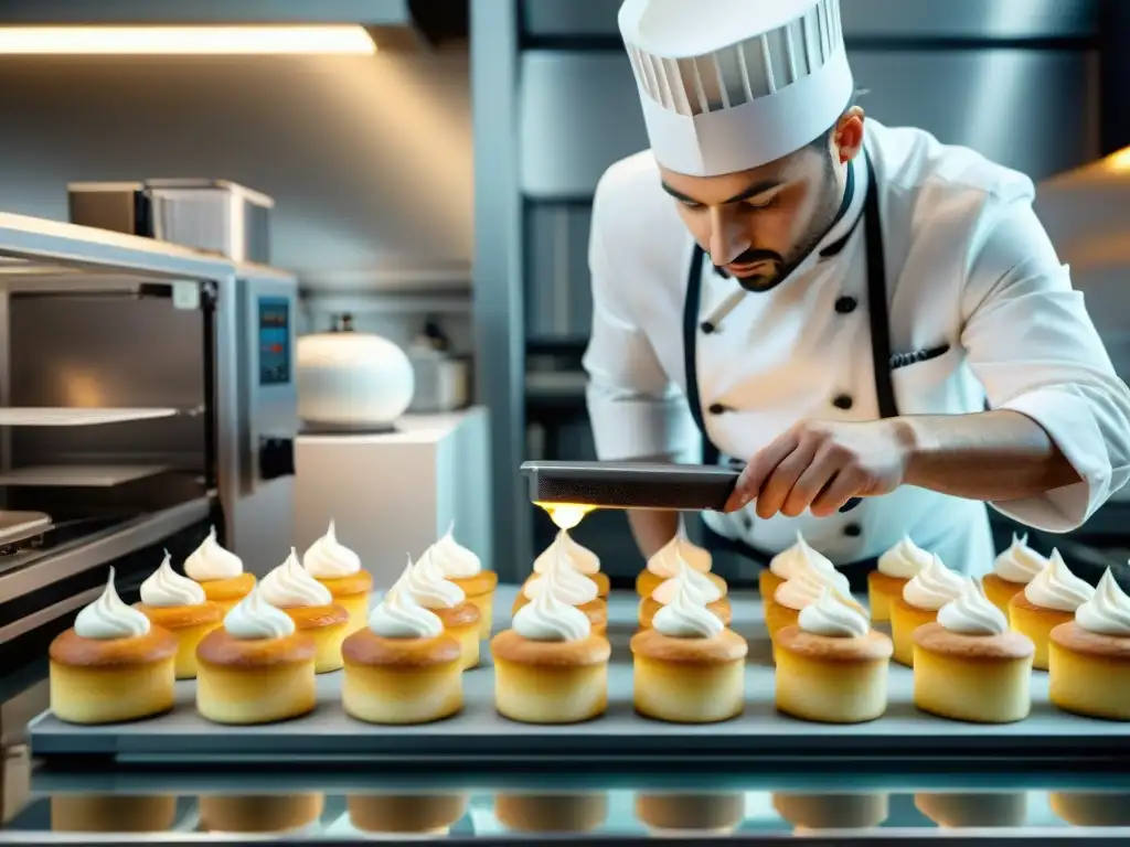 Un chef de pastelería crea pasteles franceses con una impresora 3D en una cocina moderna y profesional