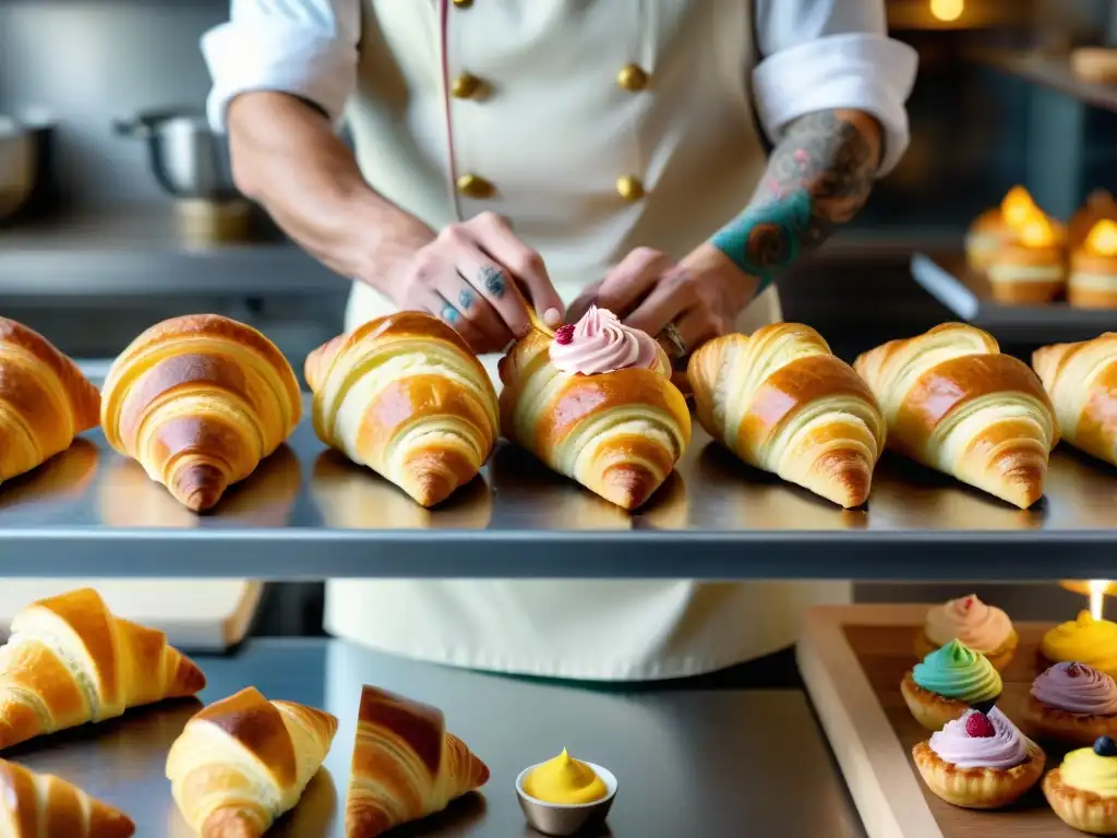 Un chef de pastelería vegana innovadora decora croissants con buttercream de frambuesa en una panadería iluminada