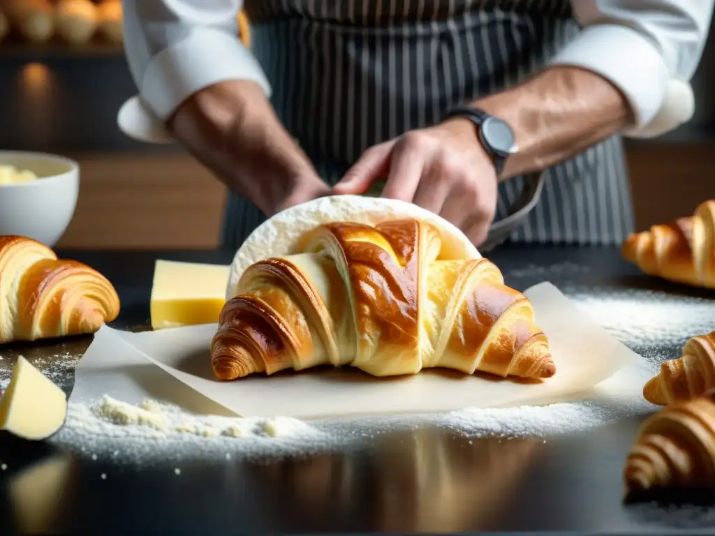 Un chef pastelero francés crea con precisión y arte un croissant, mostrando sabores innovadores en croissants franceses