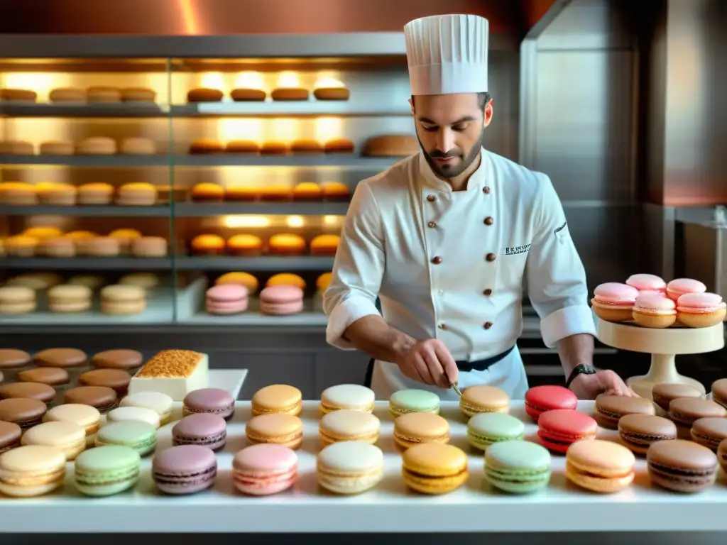 Un chef pastelero en una cocina tradicional rodeado de macarons, croissants y tarta, creando con precisión