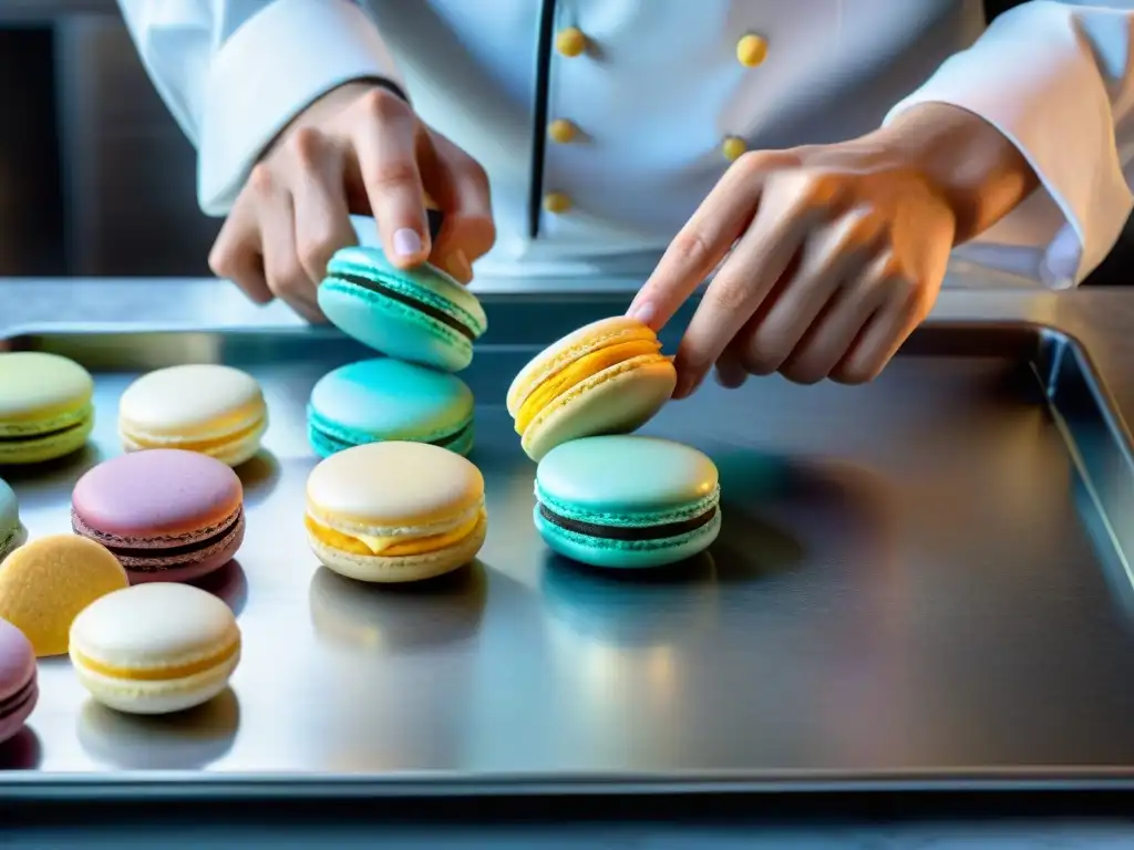 Un chef pastelero francés crea combinaciones innovadoras de macarons franceses con precisión y atención al detalle