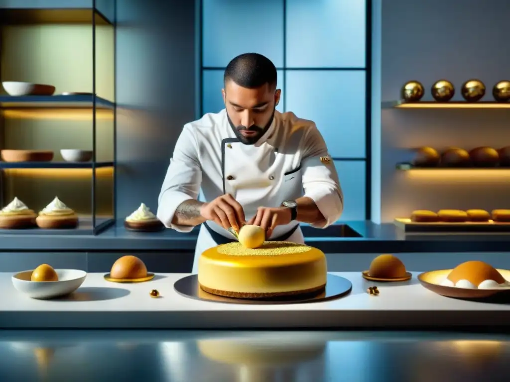 Un chef pastelero francés contemporáneo crea postres innovadores en su cocina minimalista