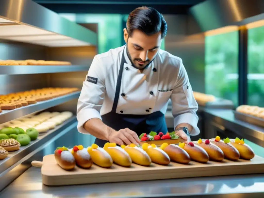 Un chef pastelero francés crea un delicado éclair en una cocina sostenible, transmitiendo arte y dedicación