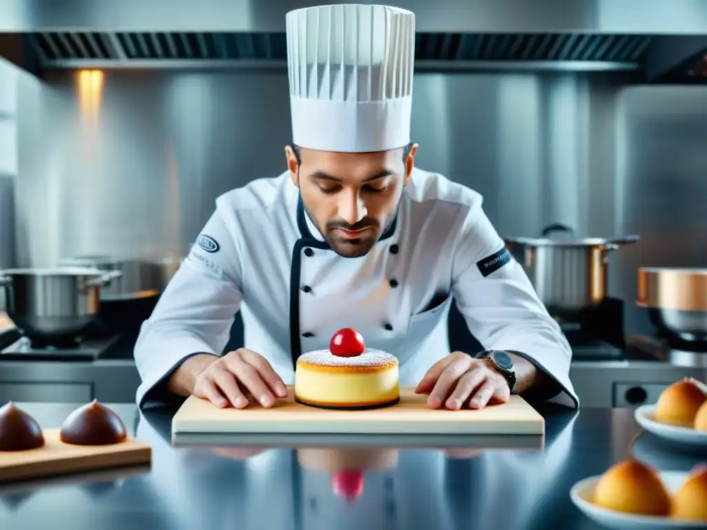 Un chef pastelero francés crea un delicado postre francés usando tecnología culinaria avanzada