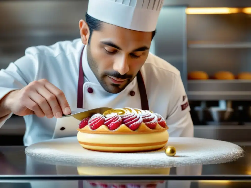 Un chef pastelero aplica con destreza crema de frambuesa en un éclair dorado