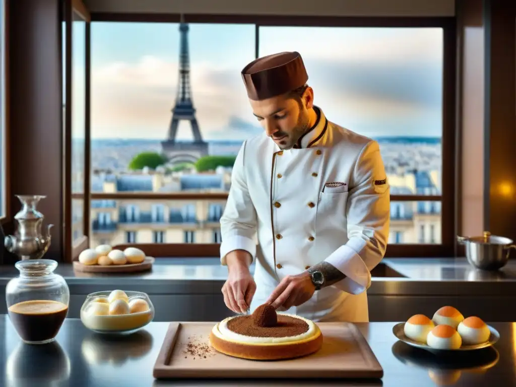 Un chef pastelero francés elabora con esmero un clásico Tiramisú en una bulliciosa cocina parisina