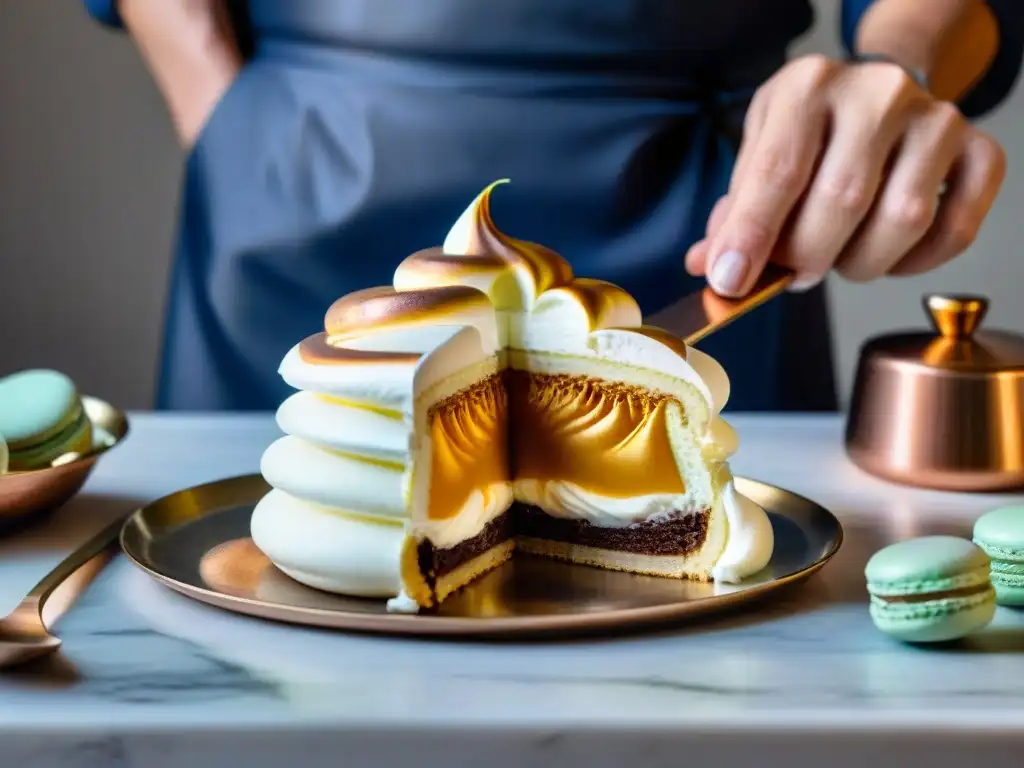 Un chef pastelero francés experto decorando un Baked Alaska, rodeado de una cocina parisina bulliciosa