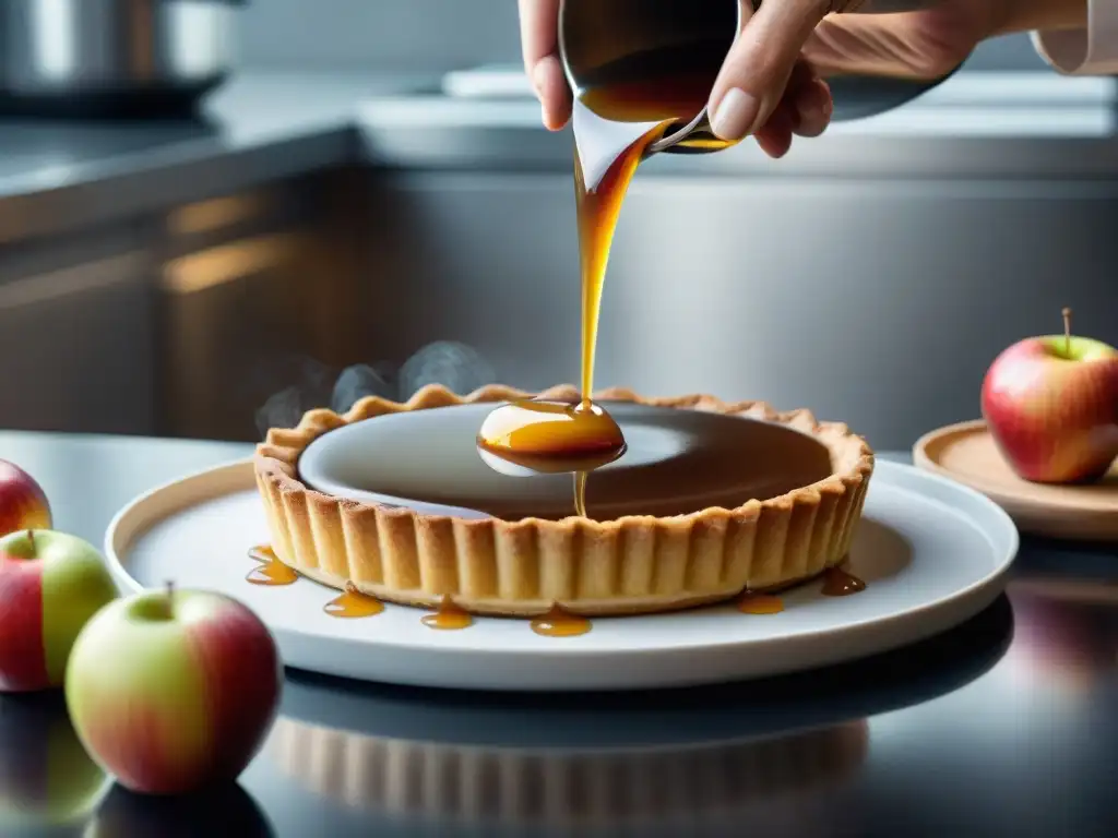 Un chef pastelero experto vierte con precisión salsa de caramelo de Calvados sobre una tarta de manzana, en una cocina moderna y elegante