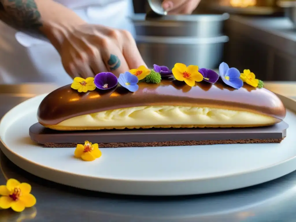 Un chef pastelero experto decora un delicado éclair con flores comestibles y diseños de chocolate, reflejando la permacultura en pastelería francesa